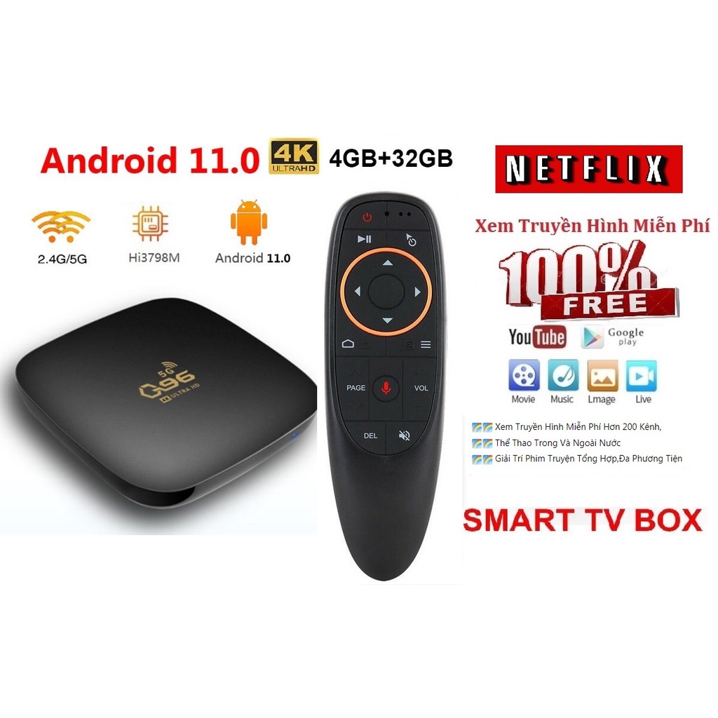 Tv Box-Smart Box Tv G96 Android 11 Ram 4GB Rom 32GB 4K 1080p Wifi 2.4g & 5g Xem Miễn Phí 200 Kênh Truyền Hình-Thể Thao B