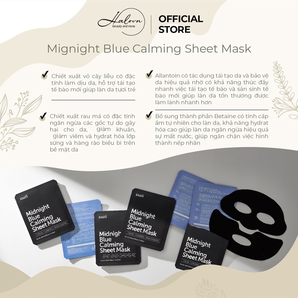 Mặt nạ làm dịu,giảm kích ứng,phục hồi da Dear, Klairs Midnight Blue Calming Sheet Mask 25ml
