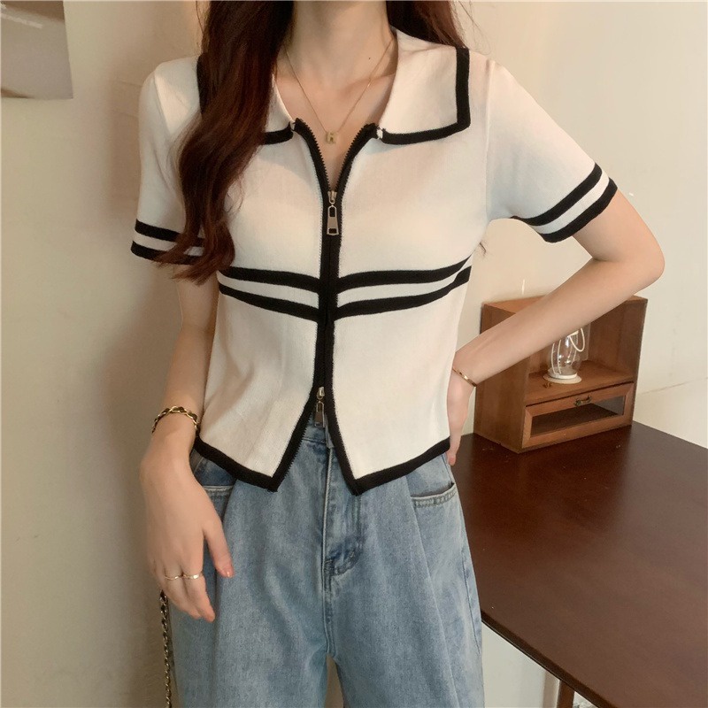 Áo thun ZHELIHANGFEI polo dệt kim ngắn tay phối khóa kéo thời trang