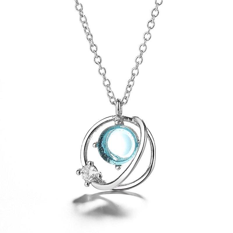 Sweet Little Fresh Artificial Blue Glaze Fantasy Planet Necklace Universe Aurora Starry Sky Clavicle Chain Jewelry Accessories