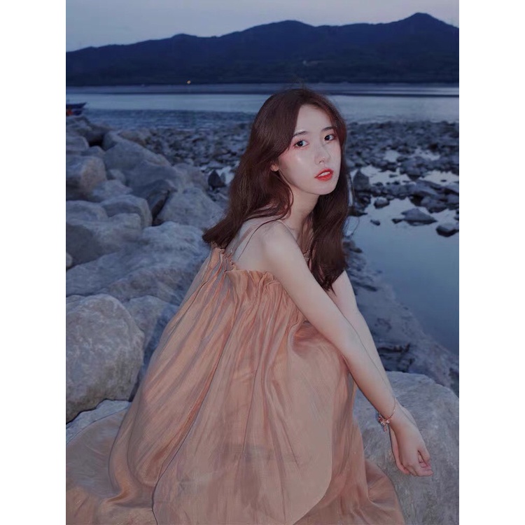 [Có ảnh thật] Đần suông 2 dây kim tuyến nhún, váy nữ hai dây maxi vải tơ hàng Quảng Châu