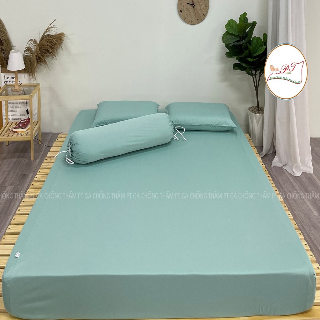 Bộ ga chống thấm cotton cho bé, drap chống thấm nước cao cấp kèm vỏ gối đầu và vỏ gối ôm mềm mịn mát (trơn matcha)