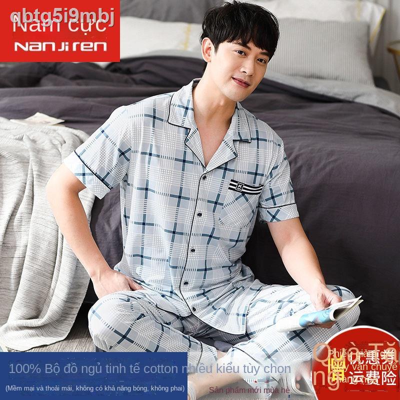 Nam cực đồ ngủ ngắn tay cotton mùa hè cho giới mỏng phong cách trung niên và trẻ xuân thu phù hợp với d
