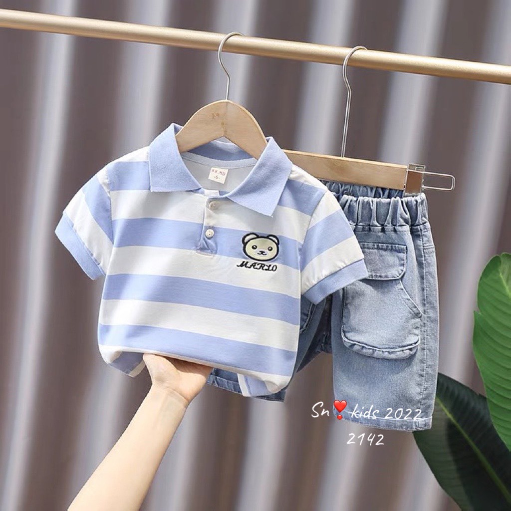 Bộ quần áo cộc tay bé trai, Sét áo polo kẻ to họa tiết gấu MARIO kèm quần bò ngố cho bé size 10-32kg