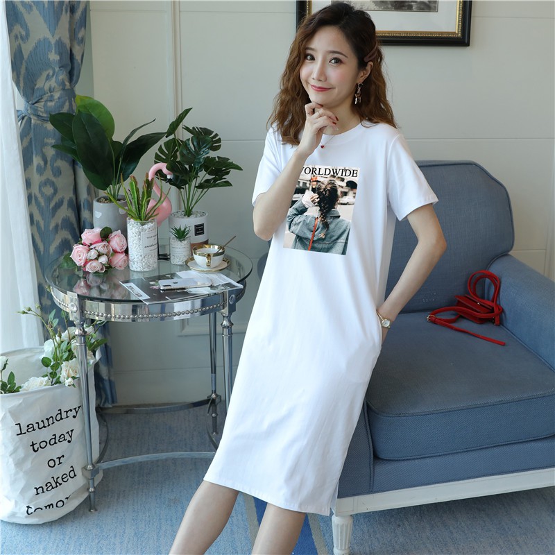 Đầm Thun Cotton Tay Ngắn Dáng Dài Xẻ Tà In Hình Cá Tính Cho Nữ