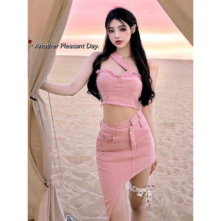 Bộ Áo Ống Sát Nách + Chân Váy Denim Hồng Thiết Kế Lệch Tà Gợi Cảm Kiểu Retro Cho Bạn Gái