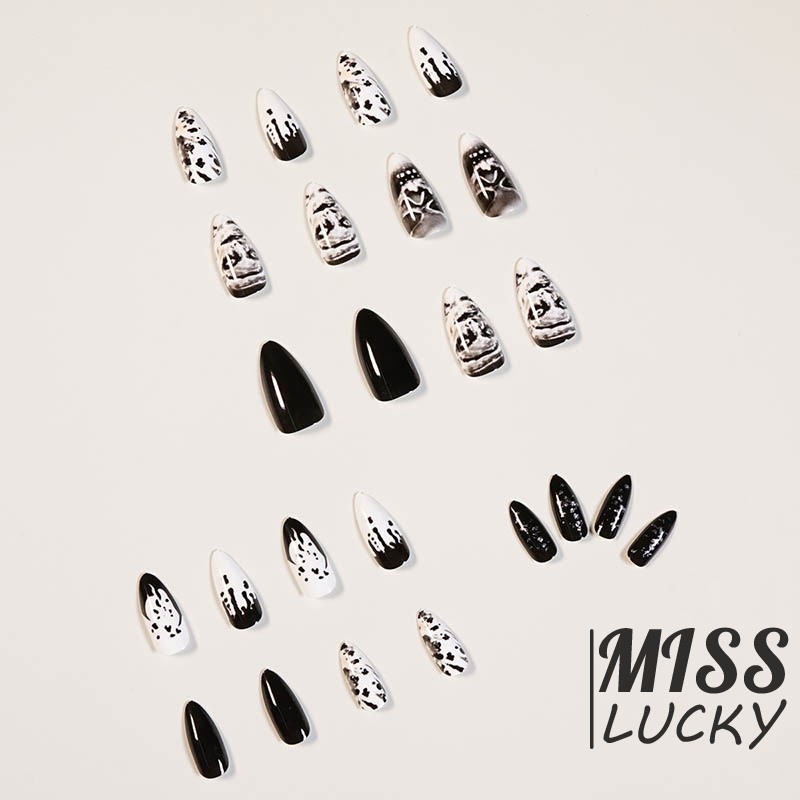 Set 24 Móng Tay Giả Họa Tiết Đầu Lâu Màu Đen Phong Cách Punk Cá Tính