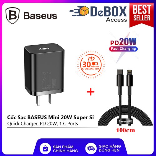 Combo Cốc sạc nhanh 20W Baseus Super Si cho IPhone 12, Hổ trợ Q.C 3.0 18W  (Kèm Dây Cáp Sạc PD 20W) - Hàng chính hãng