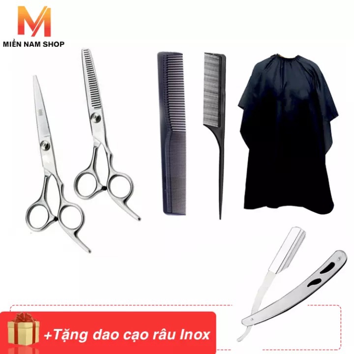 Combo Bộ Kéo cắt tóc và tỉa tóc + 2 cây lược + Áo choàng cắt tóc + Dao cạo đa năng