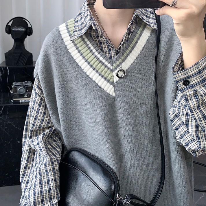 Áo sweater nam áo len không tay thiết kế đơn giản thời trang cho nam áo len kẻ áo thu đông nam áo sweater không tay đồ đông nam