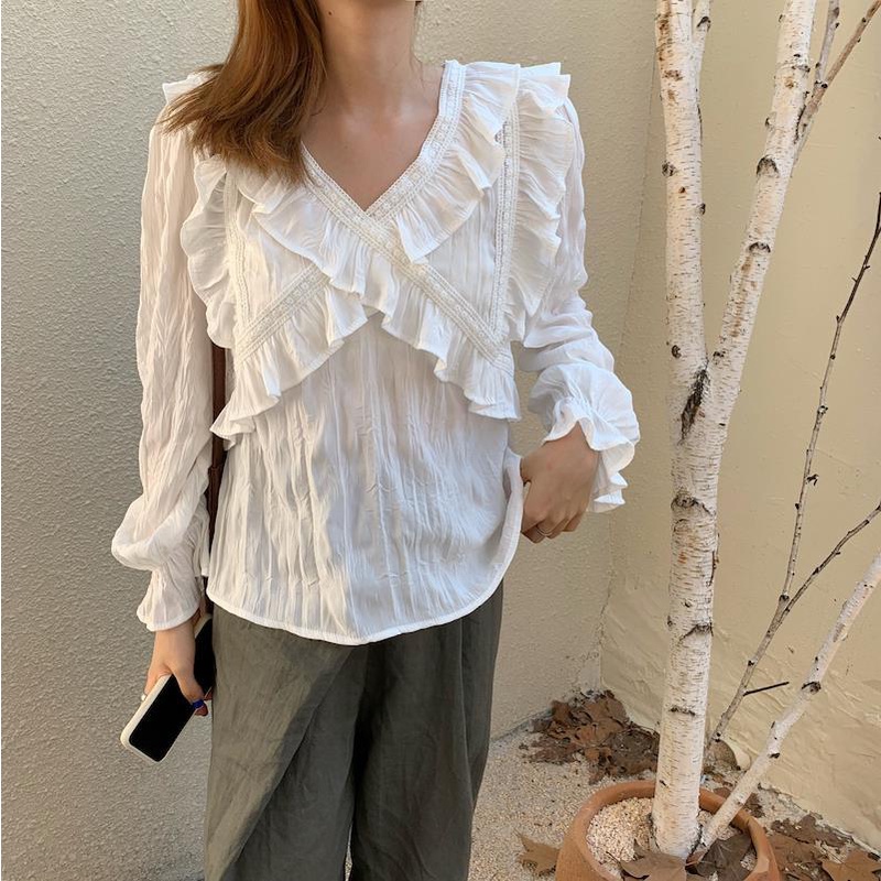 Áo Sơ Mi Tay Dài Cổ Chữ V Dáng Rộng Xếp Ly Thời Trang Mùa Thu Hàn Quốc Mới