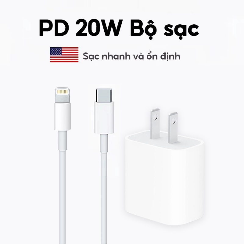 Sạc Nhanh PD 20W USB-C To (Hỗ Trợ Công Suất Tối Đa IP12,13),Cáp Sạc Nhanh + Củ Sạc Nhanh