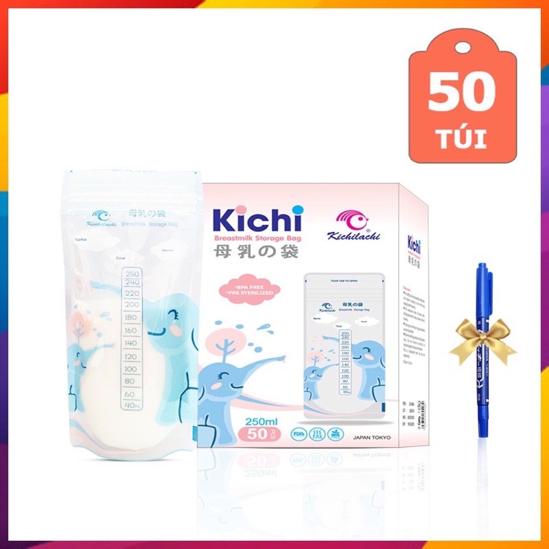 Tặng bút ghi chú - Hộp 50 túi trữ sữa Kichilachi Nhật Bản màu xanh 250ml (voi)