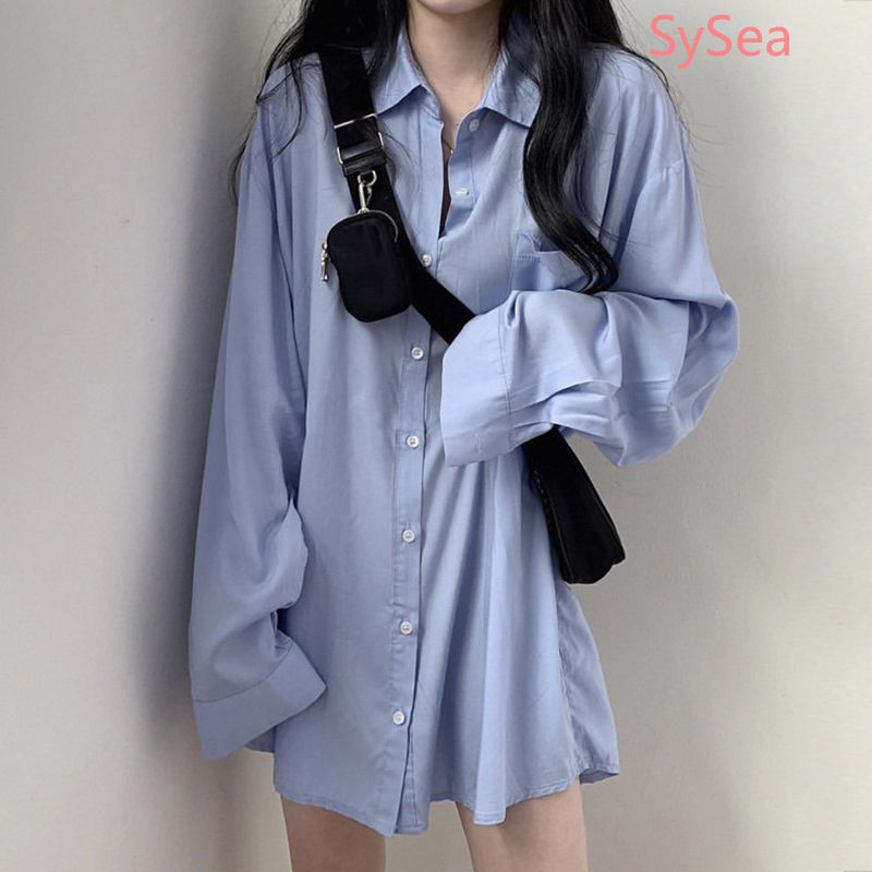 Áo Sơ Mi cổ đứng Tay Dài Dáng Rộng Màu Trơn Phong Cách Hàn Quốc cho nữ