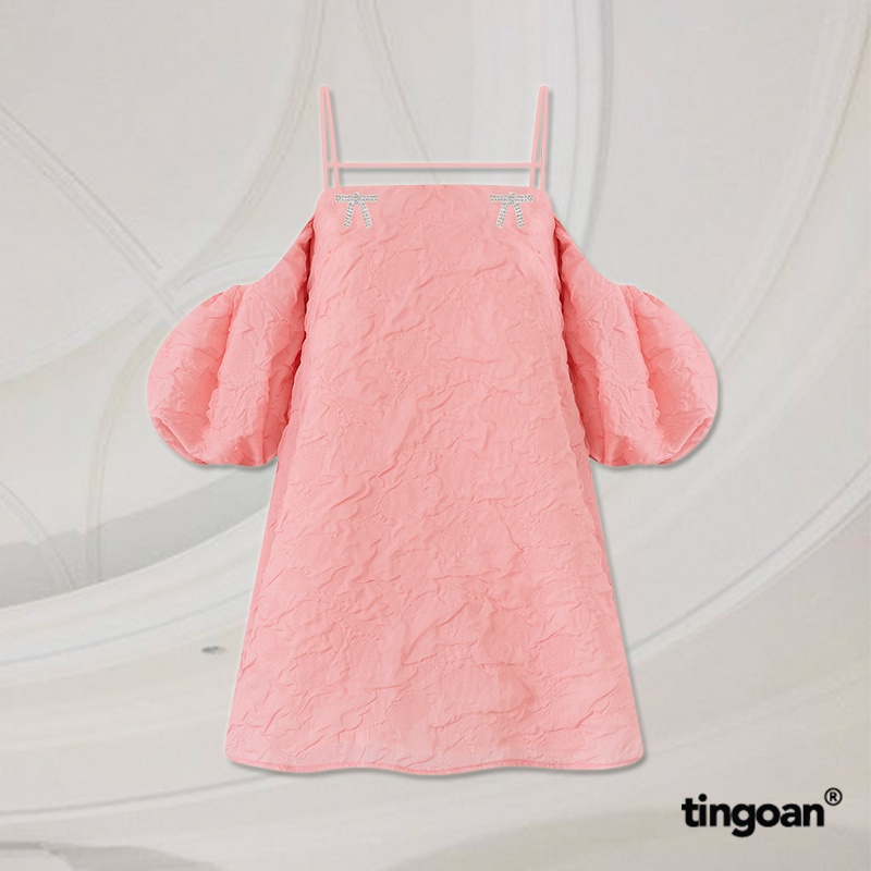 TINGOAN® - Váy hai dây tay bồng vân hoa 3 lớp dây ngang ngực bồng xòe đính nơ kim loại hồng SLEEPING BEAUTY DRESS/PK