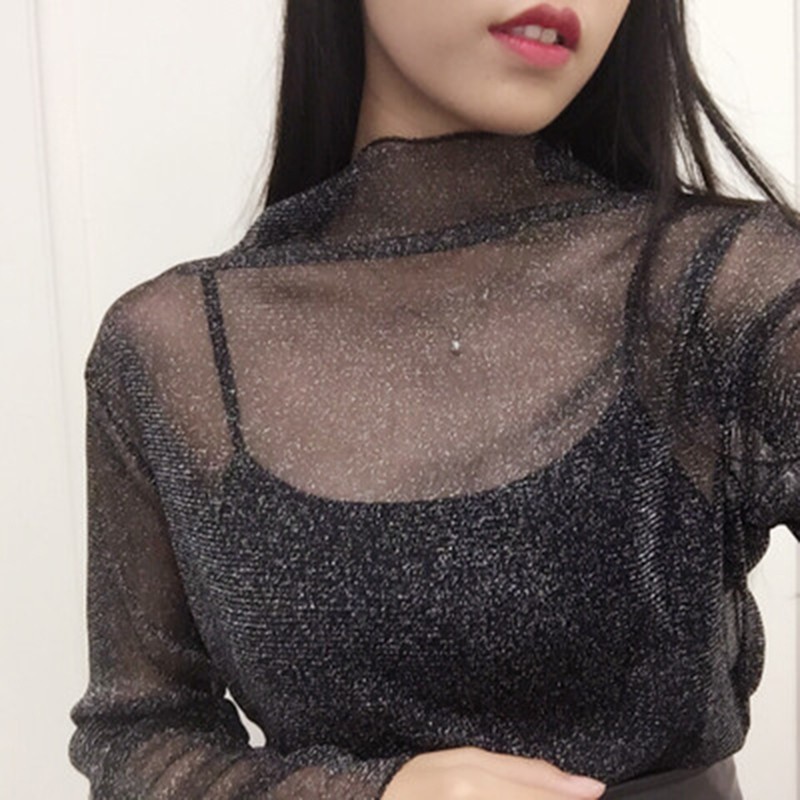 Áo Ren Lưới Tay Dài Cổ Đứng Quyến Rũ Thời Trang Cho Nữ