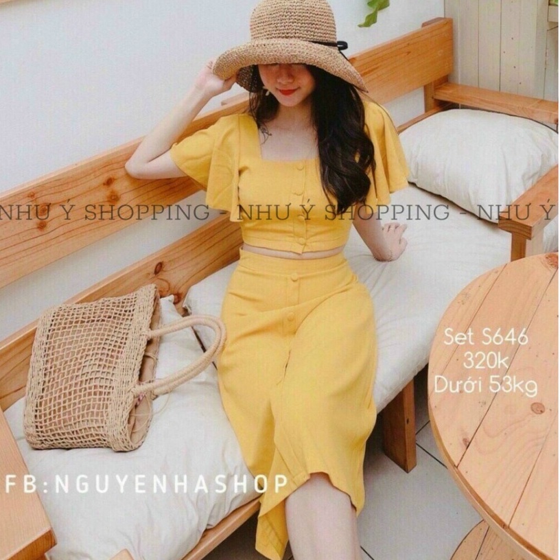 Set váy vàng áo drop top tay bèo chân váy đính nút chất umi mềm-setvang