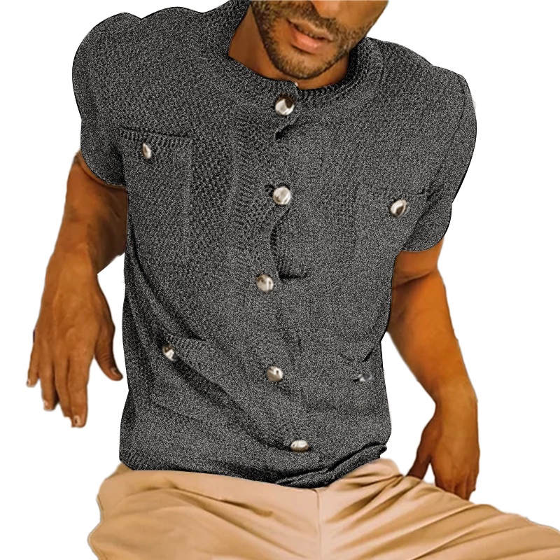 Áo dệt kim INCERUN tay ngắn cổ tròn cài nút thời trang cho nam
