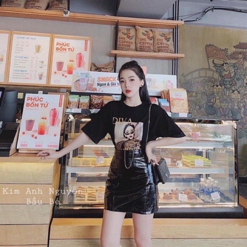 Chân váy chữ A lưng cao da bóng chuẩn hàng Quảng Châu loại 1