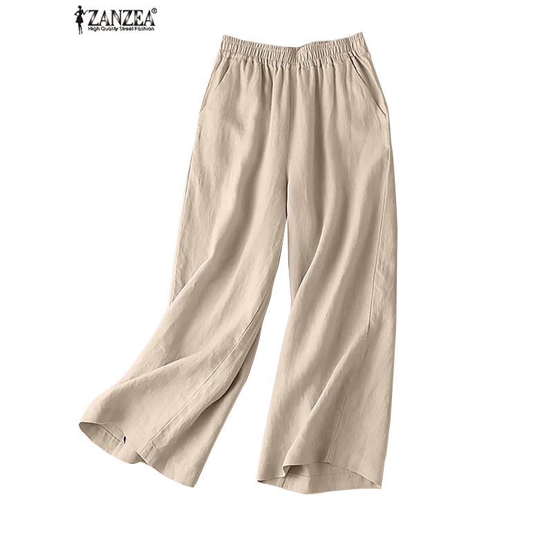 Quần dài ZANZEA ống rộng lưng thun có túi phong cách vintage thời trang đơn giản dành cho nữ