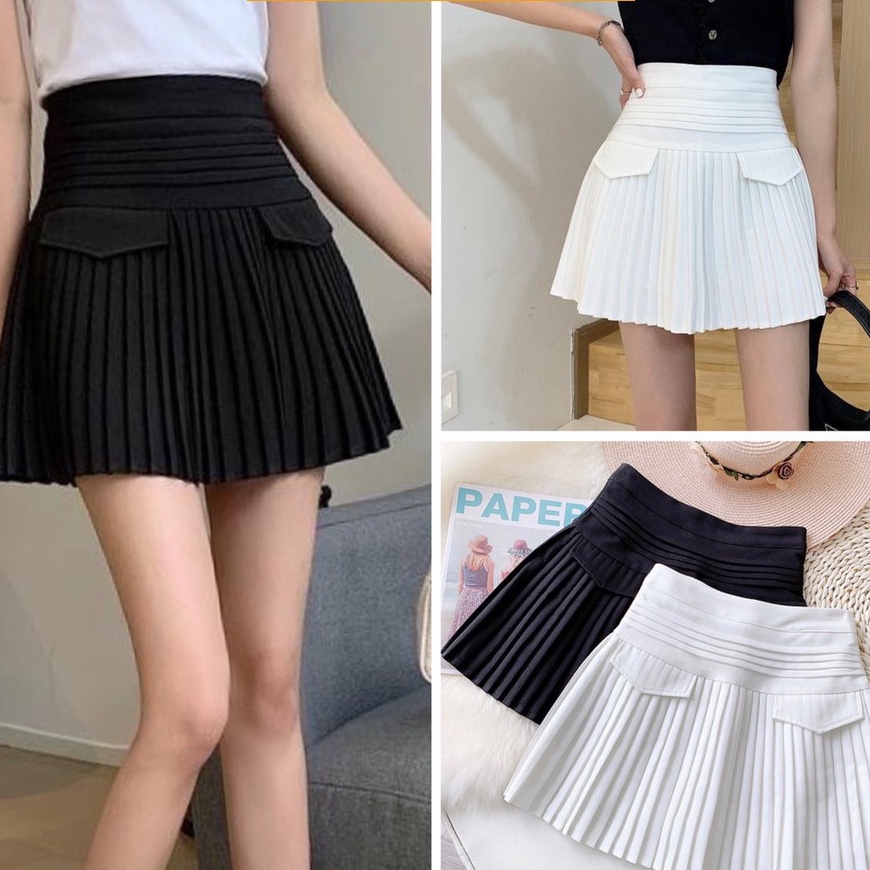 Chân váy ngắn xếp ly chơi goft thời trang giả túi đẹp thời trang màu đen chất siêu mát, co dãn, mầu đen trắng