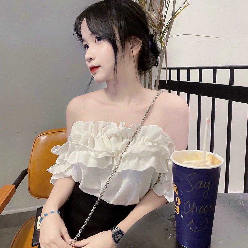 Áo kiểu nữ trễ vai tay ngắn phối bèo đỏng đảnh tiểu thư