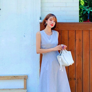 Đầm sọc xanh bo eo (kèm hình thật)