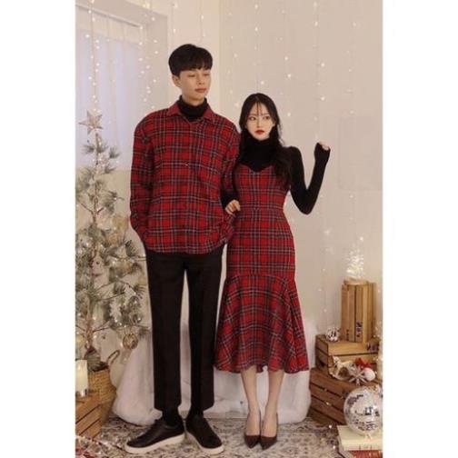 Set váy đôi sơmi nam sọc caro đỏ chụp ảnh đẹp🎄 Giá rẻ