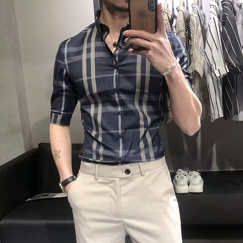Áo Sơ Mi Nam Tay Ngắn Dáng Ôm Bằng Lụa Lạnh Họa Tiết Kẻ Ô Vuông M-3XL Hàng Mới