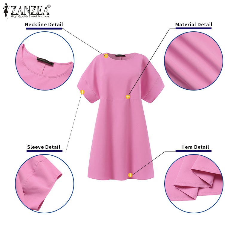 Đầm ZANZEA tay phồng ngắn màu trơn dáng rộng thời trang cho nữ