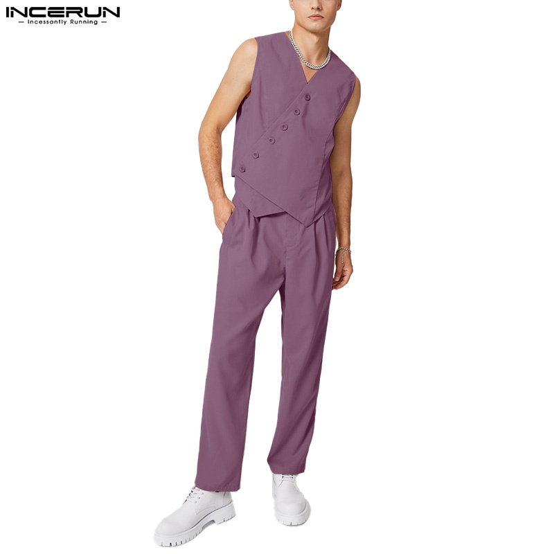 INCERUN Set Áo Lửng Sát Nách Và Quần Dài Ống Rộng Lưng Cao Dành Cho Nam