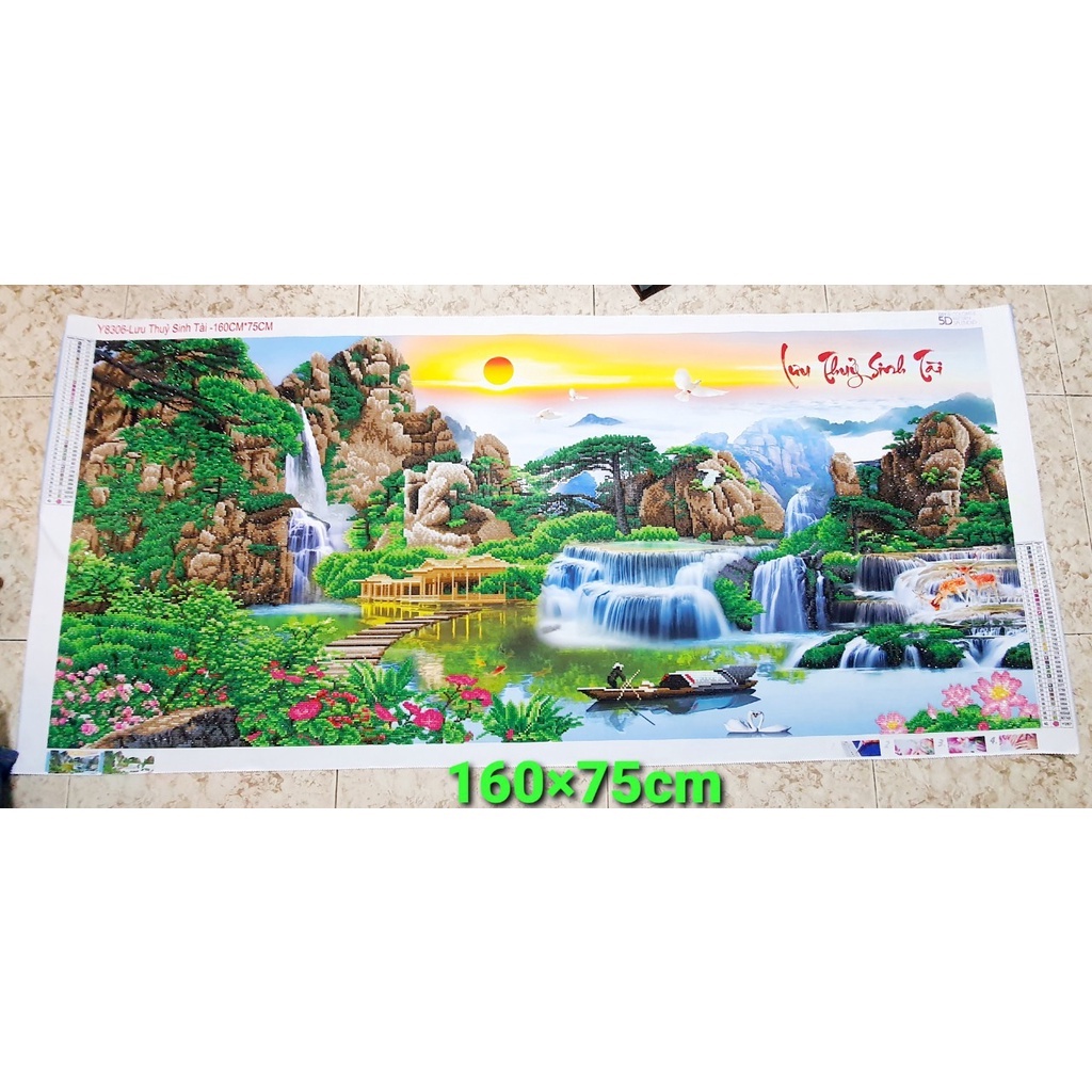 (Đính sẵn) Tranh đính đá đẹp lưu thuỷ sinh tài cây cầu gỗ