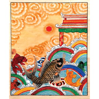 Tranh đông hồ cá chép vượt ngũ môn hóa rồng