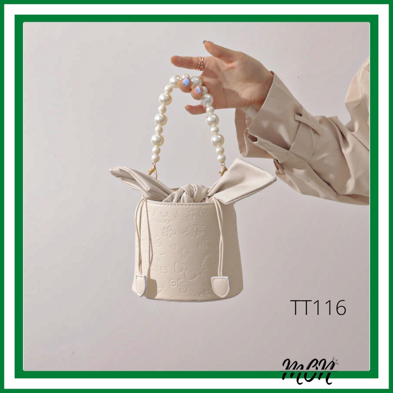 sẵn Túi xách nữ, túi đeo chéo hình trụ trắng thắt nơ - dây xách ngọc khóa rút - TT116