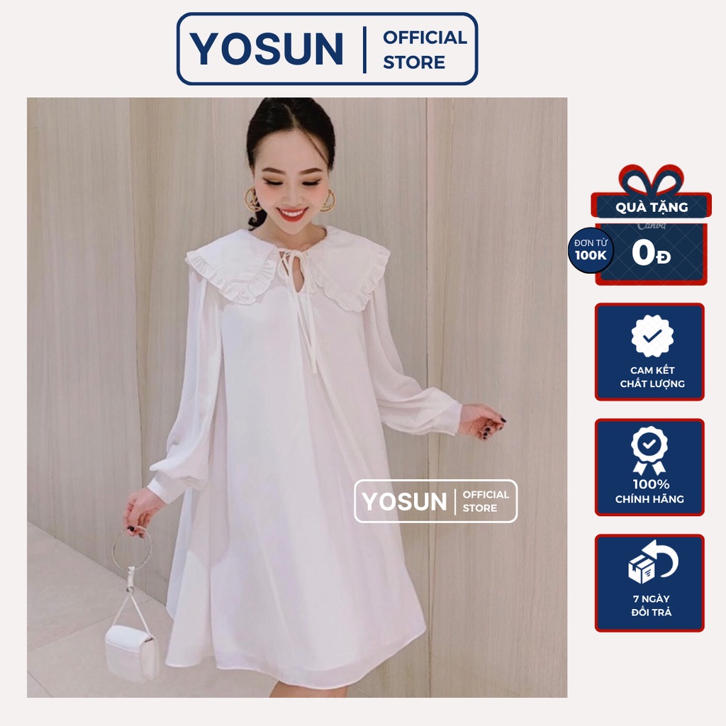 Đầm Nữ Đi Shopping Cổ Thủy Thủ Viền Bèo Thắt Nơ Trẻ Trung, Đầm Nữ Dáng Suông Tay Dài Màu Trắng