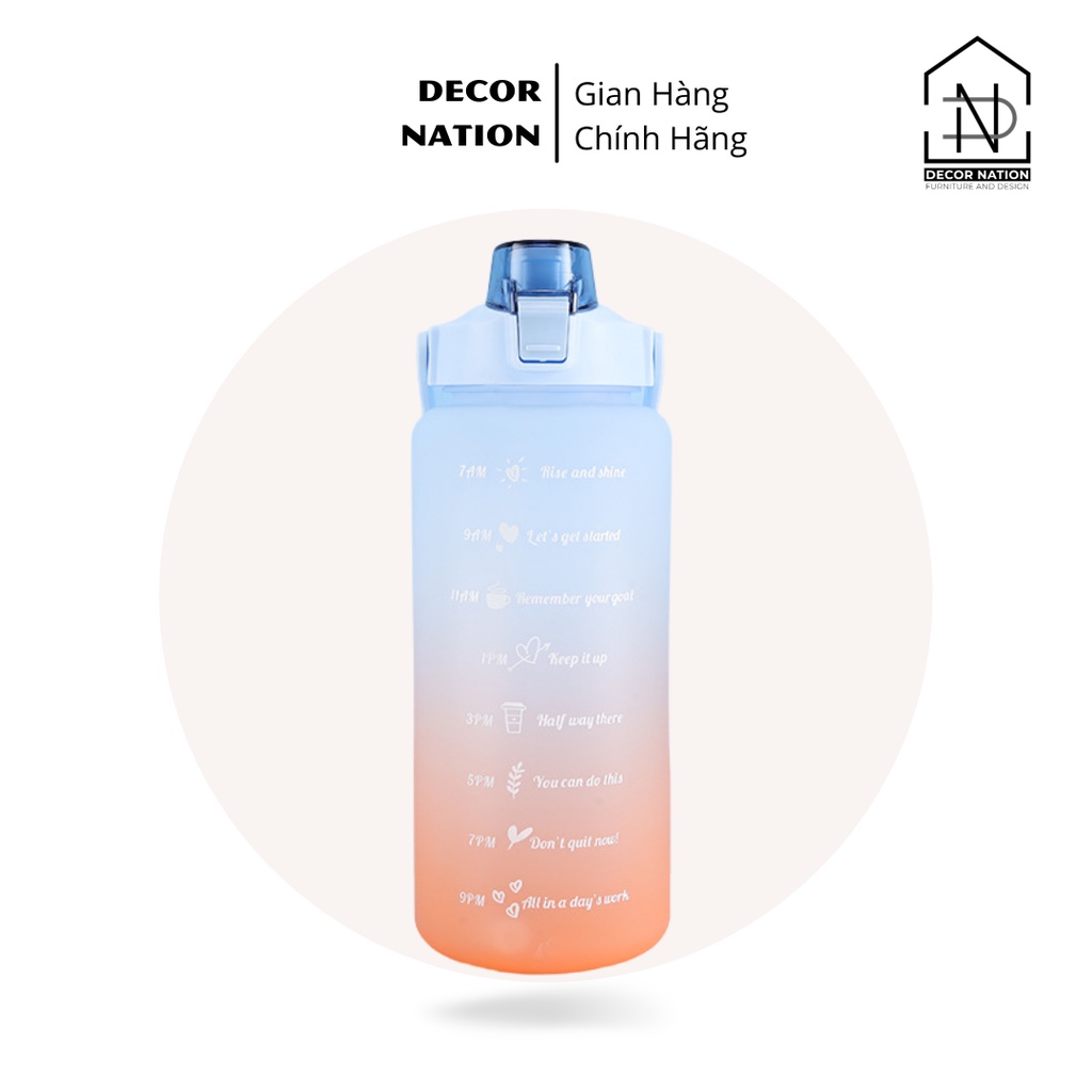 Bình Nước 2 Lít Có Chia Vạch Nhắc Uống Nước Theo Giờ Dành cho người lười uống nước | Nắp Bật Có Ống Hút