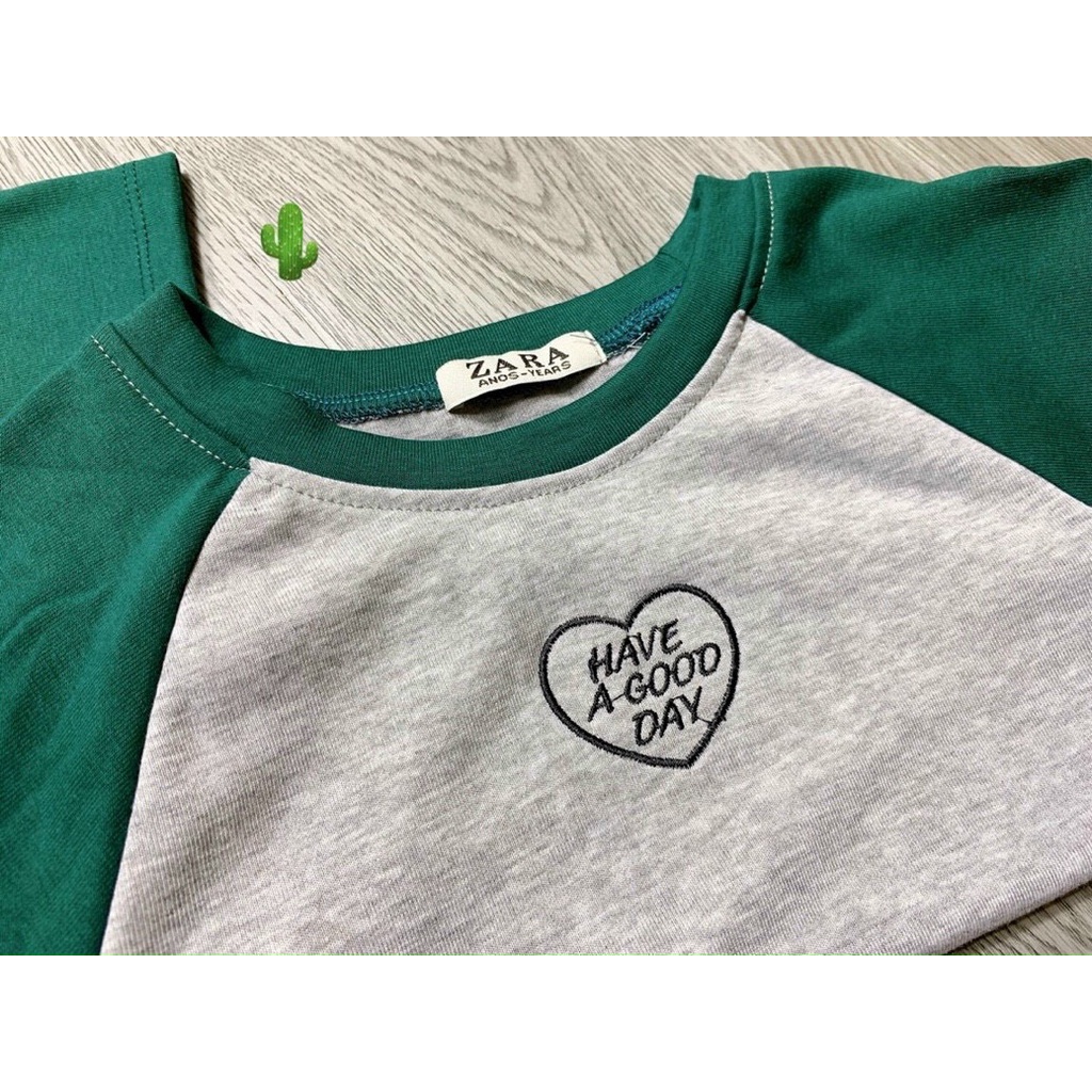 áo croptop xám tay xanh thêu chữ trái tim p