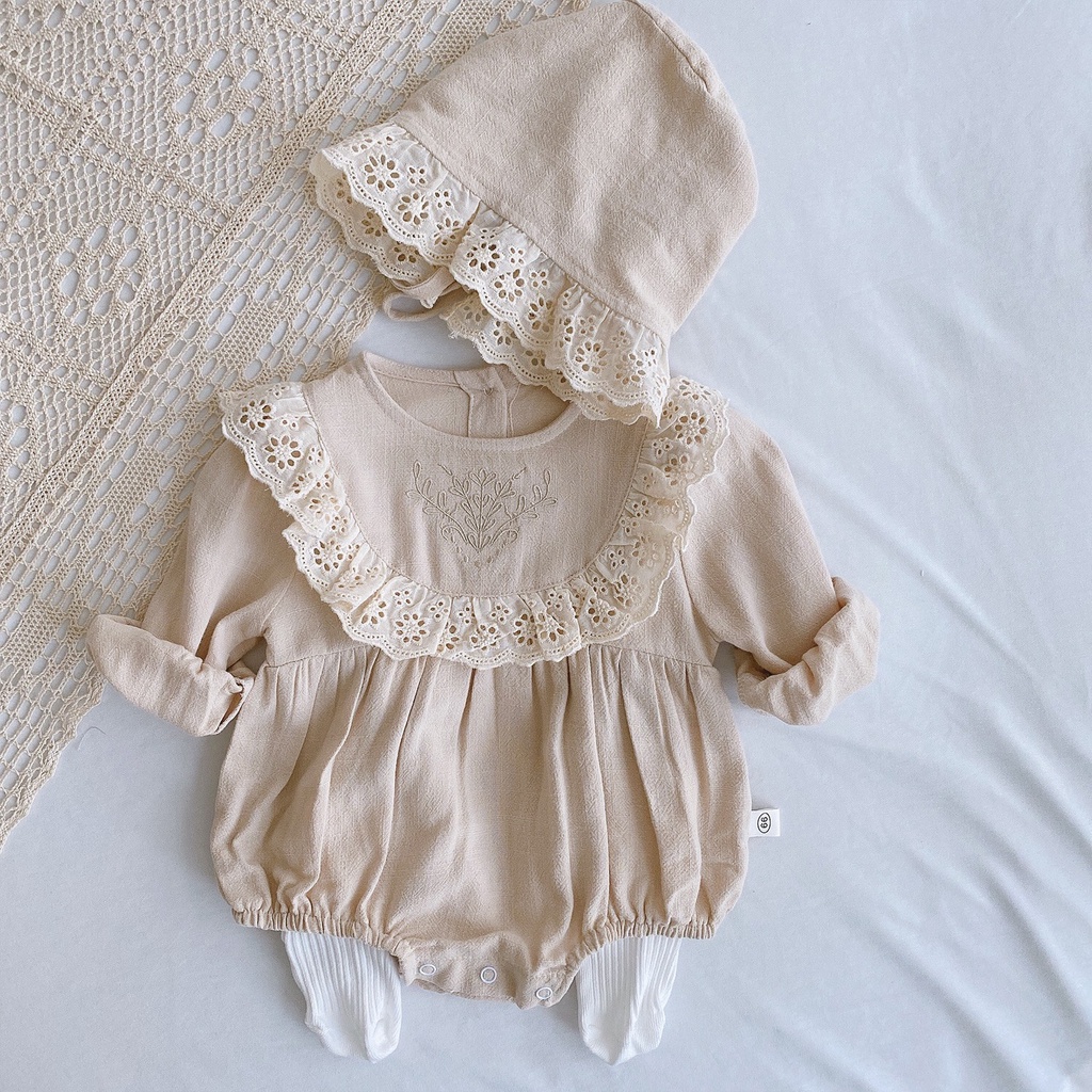 Bộ romper bé gái vintage kèm mũ phong cách Hàn Quốc