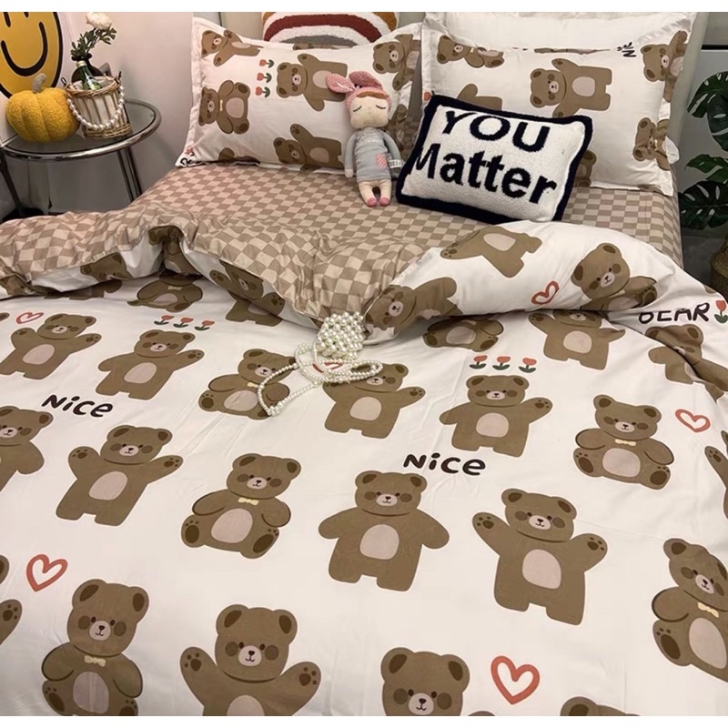 Bộ Chăn Ga Gối Gấu Nâu Nice  Bộ 5 Món Cotton 3D Poly Mềm Mịn Mát Màu Sắc Dễ Thương Tặng Kèm Vỏ Gối Ôm Cùng Bộ