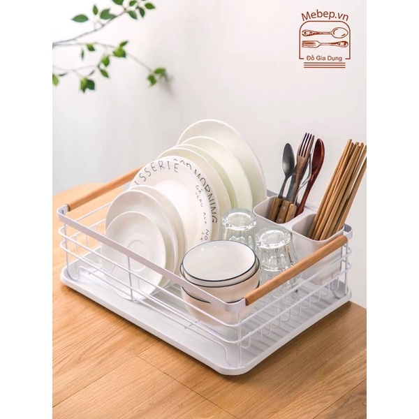 Rổ Đựng Bát Đĩa Bằng Sắt Sơn Tĩnh Điện Cao Cấp, Có Khay Đựng Nước Tiện Ích
