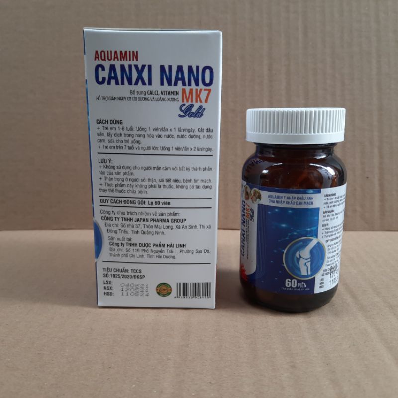 Viên uống AQUAMIN CANXI NANO MK7 GOLD - Hộp 60 viên,giảm nguy cơ loãng xương ,còi xương