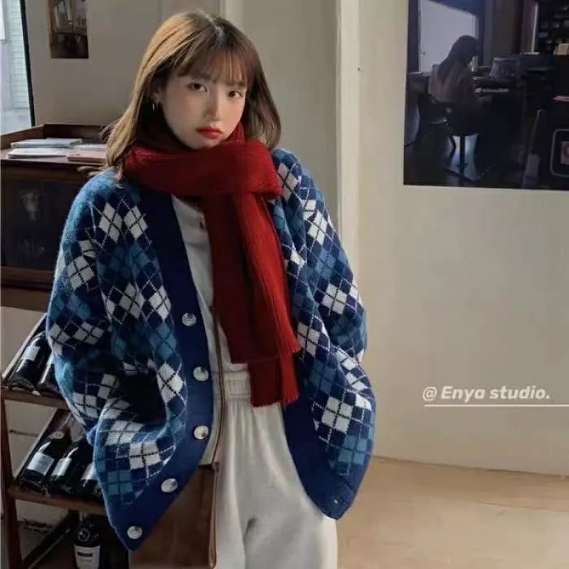 Áo khoác len cardigan kẻ ô quả trám dáng thụng trẻ trung màu hồng / đen / xanh