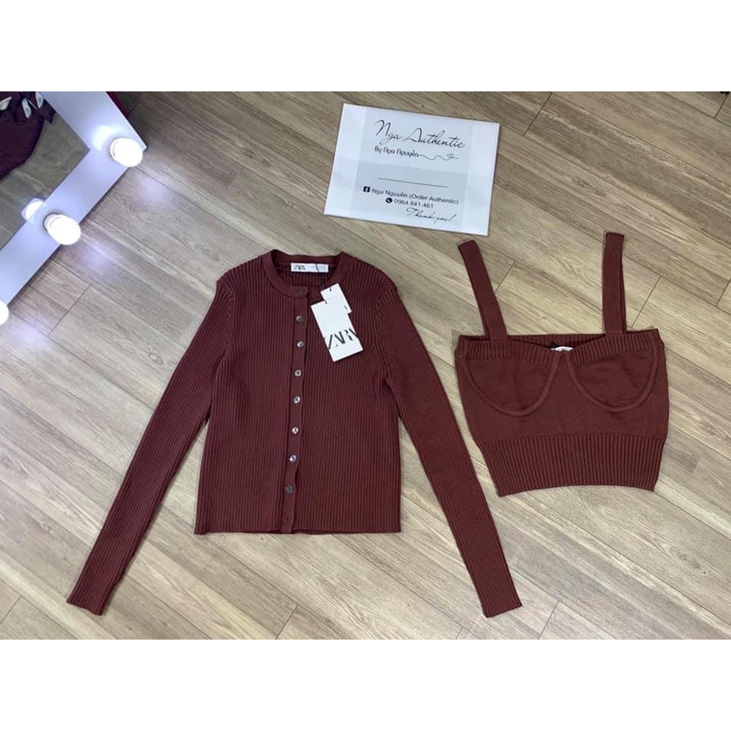 Set len áo 2 dây croptop + cardigan Zara authentic