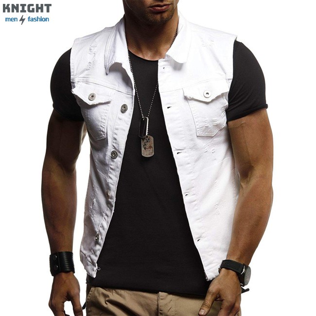 Men Ripped Jean Jacket Denim Vest Sleeveless Waistcoat for Jacket