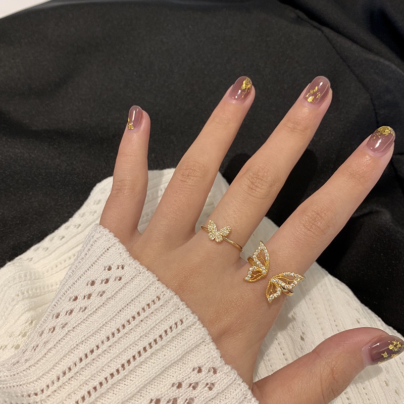 Luxury Korean INS Style Opening Finger Ring Full Rhinestone Butterfly Rings Women Fashion Party Jewelry Elegant Exquisite Butterfly Rhinestone
