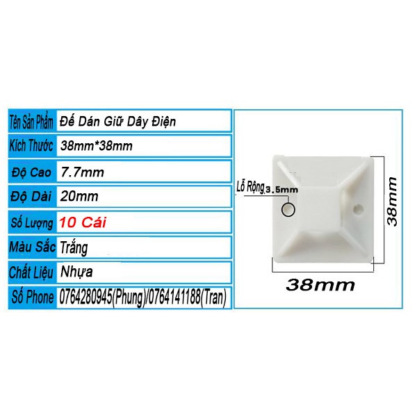 Đế dán Giữ Dây Điện Bằng dây rút, dây thít -38*38mm - Bịch 10 cái