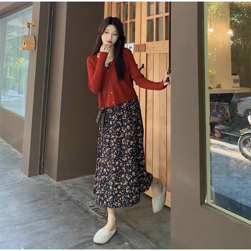 🌼 ❤ẢNH SÀN THẬT SP❤️ Set Đầm Midi Hoa 2d Khoác Đỏ Siêu Hót Hít