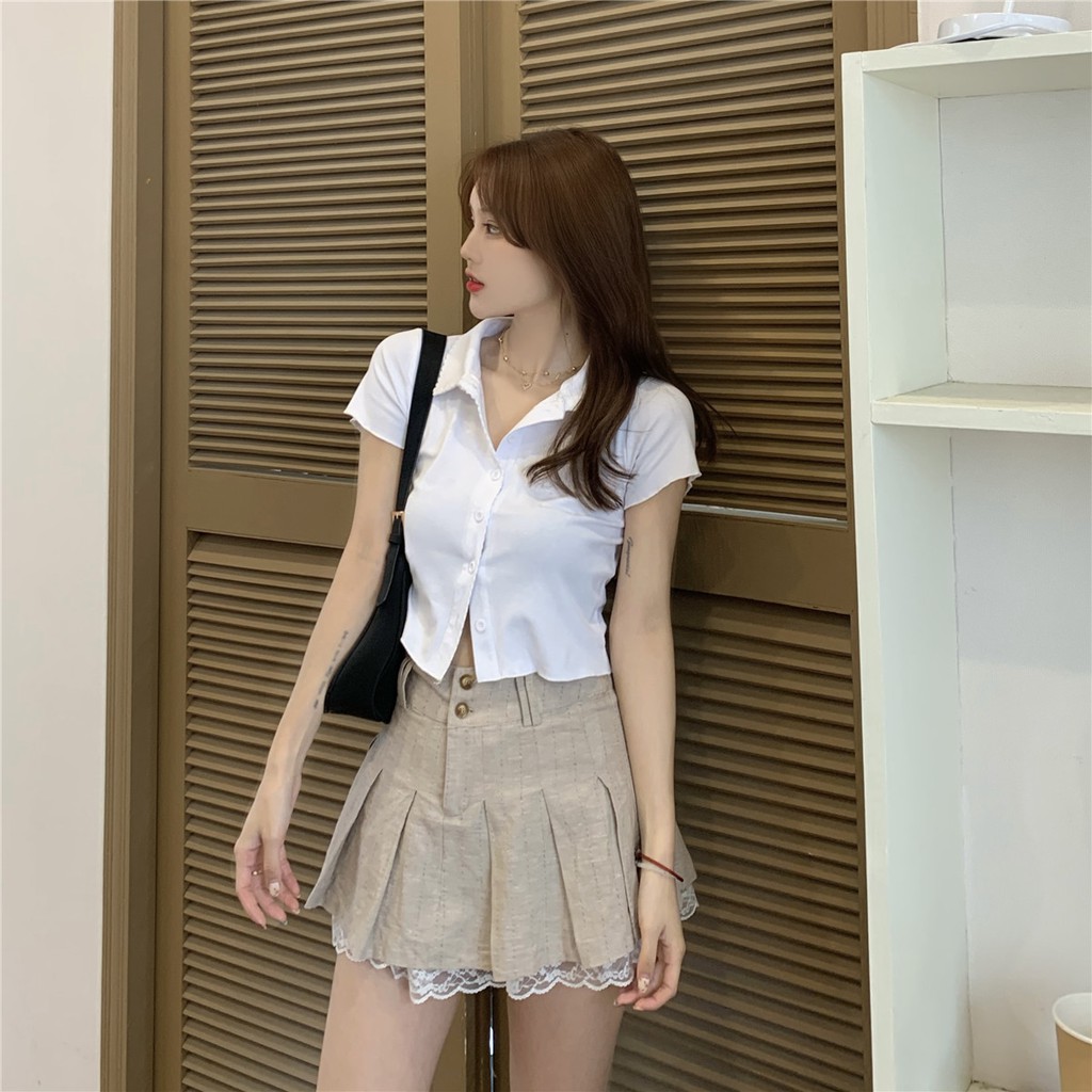Set Áo Sơ Mi Lửng Ngắn Tay + Chân Váy Chữ A Xếp Ly Thời Trang Nữ | BigBuy360 - bigbuy360.vn
