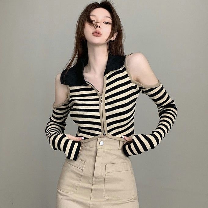 Áo Sweater Dệt Kim Trễ Vai Tay Dài Kẻ Sọc Ngang Phong Cách Retro Quyến Rũ Cho Nữ