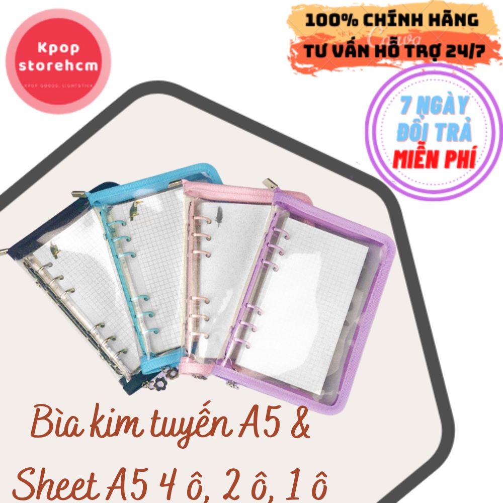 Binder A5, bìa sổ còng kim tuyến có khoá kéo decor sổ tay, đựng card